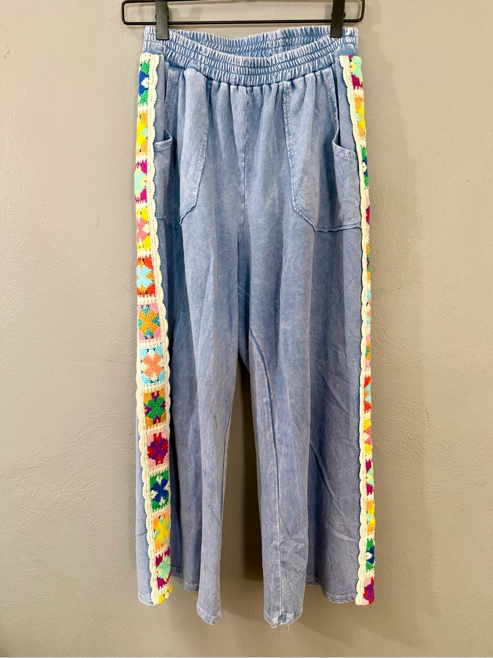 Light Blue Straight-Leg Pants with Multicolor Crochet Side Trim